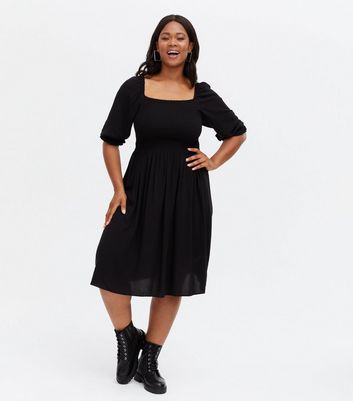 Curves Black Shirred Midi Dress | New Look